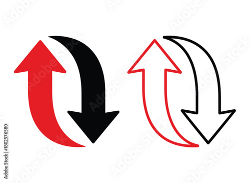 Two sets of arrows, one in solid red and black, the other outlined in red and black, illustrate opposing directions and cyclical movement.