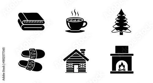 Cozy winter silhouettes: cabin, hot drink, fireplace, and more