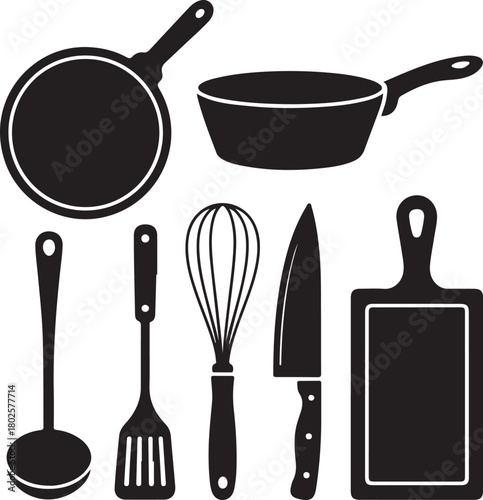 Black kitchen utensils and cookware silhouettes on white background