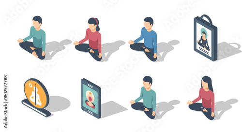 Isometric meditation: diverse yoga poses and digital wellness icons