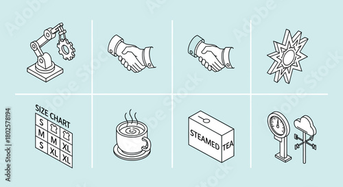 Linear icons set: robotics, handshake, explosion, size chart, hot beverage, tea box, weather instruments