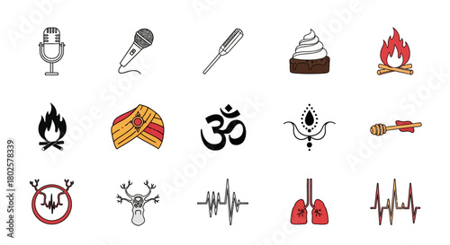 Diverse line art icons of music, food, nature, and wellness in simple style