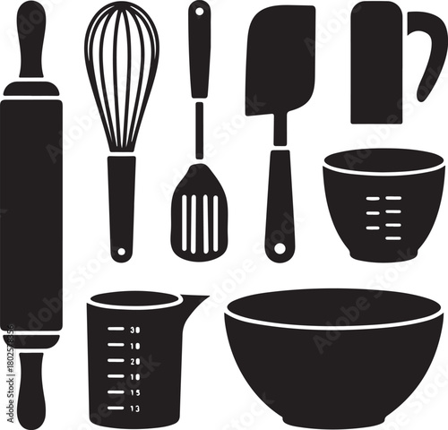 Collection of black silhouette icons for baking and cooking utensils