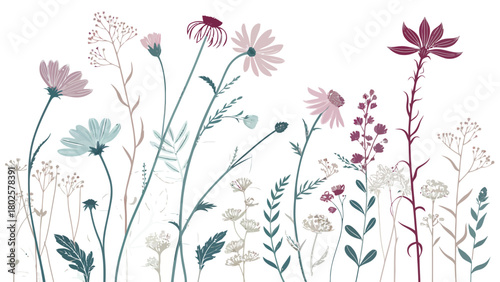 Elegant wildflowers create a peaceful botanical scene, perfect for adding a touch of nature-inspired beauty to any design with its delicate floral pattern