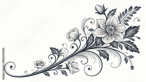 Elegant floral flourish design with delicate flowers, leaves, and swirls, perfect for invitations, cards, and sophisticated creative projects needing a touch of nature