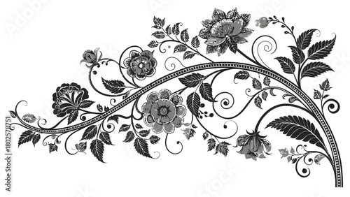 Elegant floral flourish design with swirling leaves and detailed blossoms, perfect for stylish invitations or sophisticated branding projects requiring vintage charm