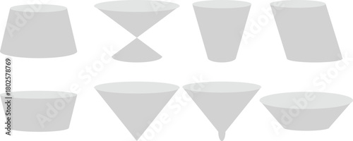 Geometric gallery shape podiums set. Blank stands in round, square and hexagon forms. Column 3d platforms for product presentation, awards-vector