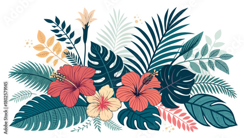 Stunning tropical floral arrangement with hibiscus blossoms and lush foliage, perfect for summer designs, elegant invitations, and vibrant promotional materials