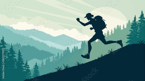 Energetic trail runner conquers scenic mountain peak, celebrating fitness and outdoor adventure in a stunning, modern vector landscape ideal for active lifestyle brands