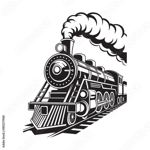 Vintage Steam Locomotive Monochrome Illustration Classic Railway Engine Black White Artwork