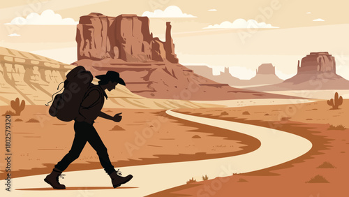 Cowboy silhouette hitchhiking with backpack in desert landscape on winding road, evoking adventure and the spirit of the Wild West, perfect for travel ads