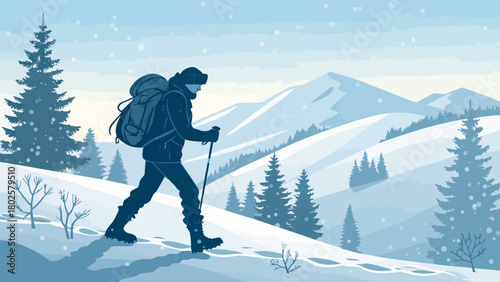 Invigorating winter hike through snowy mountains, person trekking with backpack and poles in a crisp, cold landscape, adventure and exploration theme