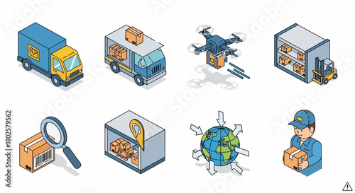 Isometric delivery and logistics icons featuring drones and warehouses
