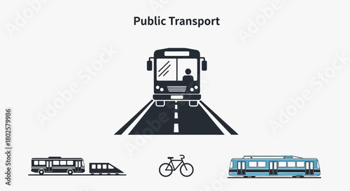 Public transportation icons: simplified design featuring bus, train, bike, tram