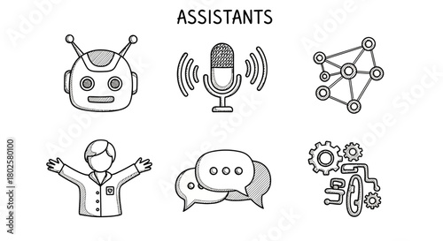 Doodle style virtual assistants and technology icons