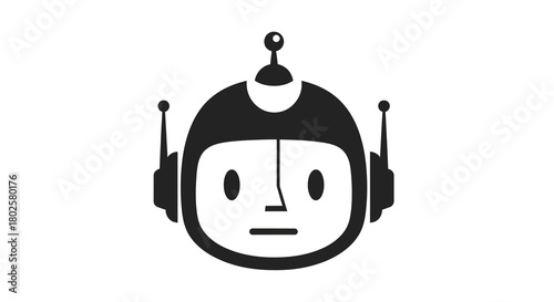Minimalist black and white robot icon with antennas and circular head features