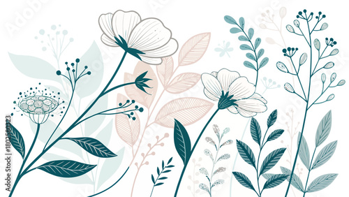 Elegant floral design with botanical elements, perfect for invitations, cards, or spring designs, offering a touch of nature and sophisticated charm