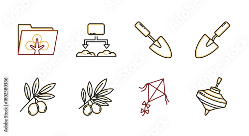 Minimalist line art icons of folder, network, gardening tools, olive branches, kite, top