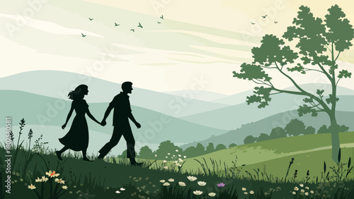 Romantic stroll through rolling hills landscape, silhouette of couple walking hand in hand, enjoying nature's beauty, perfect for travel, love, and outdoor themes