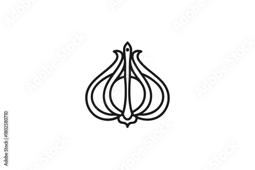 Outlined garlic bulb displays intricate line work on a clean, white background