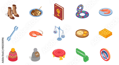 Diverse collection of isometric objects including food, clothing, and tools