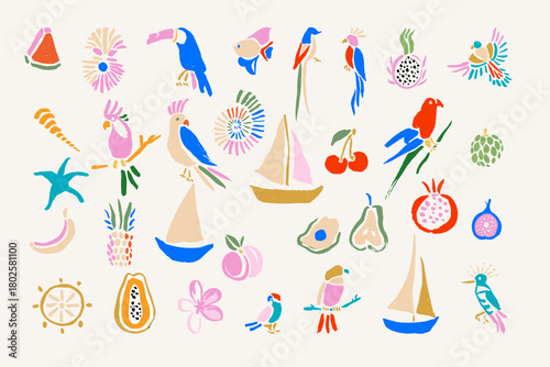 marine, ocean, sea hand drawn set