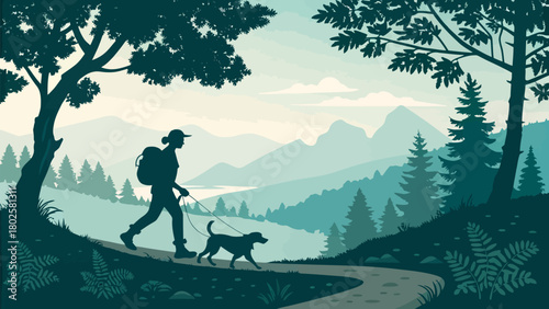 Adventurous woman hiking with her dog through a stunning mountain landscape, enjoying the beauty of nature and the peacefulness of the outdoors