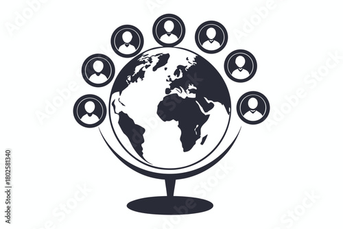 Person icons surround a monochromatic earth globe displayed on a stand, suggesting worldwide community