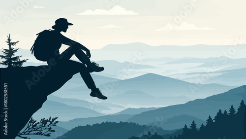 Serene mountain escape: Hiker enjoying panoramic vista, a moment of peace and reflection in nature's embrace, perfect for travel and adventure themes