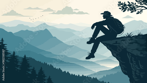 Inspiring mountain vista with hiker silhouette perched on cliff's edge, perfect for adventure lifestyle brands and outdoor travel campaigns, a tranquil scene