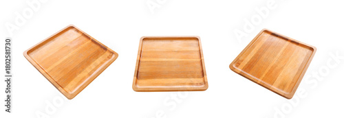 Empty 3 wooden square saucers isolated on transparent background, png file