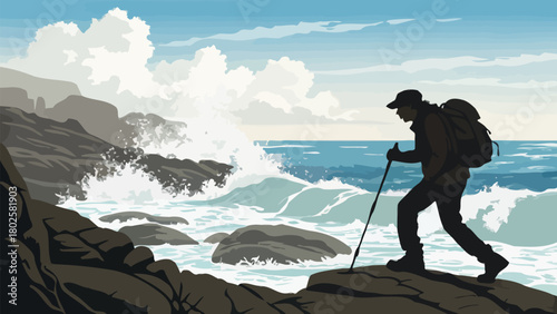 Invigorating coastal hike with backpacker against crashing waves, perfect for adventure travel, outdoor fitness, and inspirational journeys from vector origin
