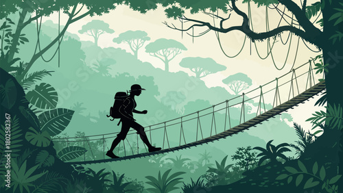 Adventurer crossing rope bridge through lush jungle, embracing nature's beauty, exploring wildlife, and discovering hidden paths for travel and adventure seekers
