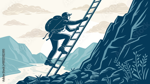 Adventurous climber ascends rugged mountain peak using ladder, conquering challenges and embracing the thrill of exploration in the great outdoors