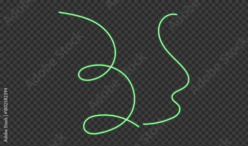 Bright green neon light tube forming abstract swirling shapes on a dark background