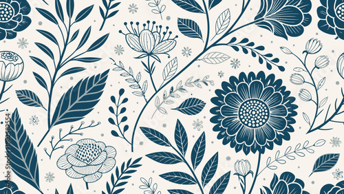 Elegant floral pattern with vintage charm for fabric design and backgrounds, intricate blossoms and leaves create a beautiful, timeless botanical aesthetic