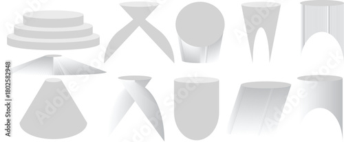 Geometric gallery shape podiums set. Blank stands in round, square and hexagon forms. Column 3d platforms for product presentation, awards-vector