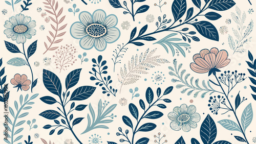 Elegant floral repeat pattern design with vintage charm, perfect for stationery, textiles, and stylish surface design projects with spring botanical accents