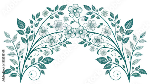 Botanical floral archway design with delicate flowers and leaves for stunning invitations, stationery, and elegant graphic projects, vector origin