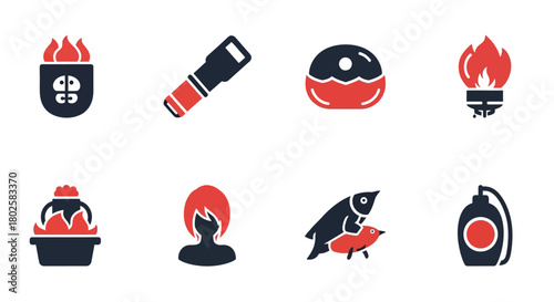 Icon set: diverse fire and cooking elements in minimalist style