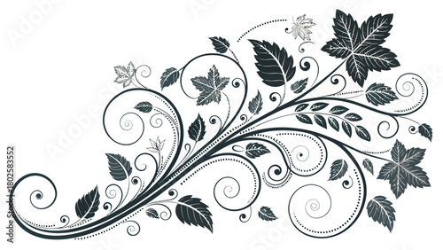 Elegant floral flourish design element with swirling vines and foliage, perfect for invitations, cards, and decorative accents showcasing organic beauty