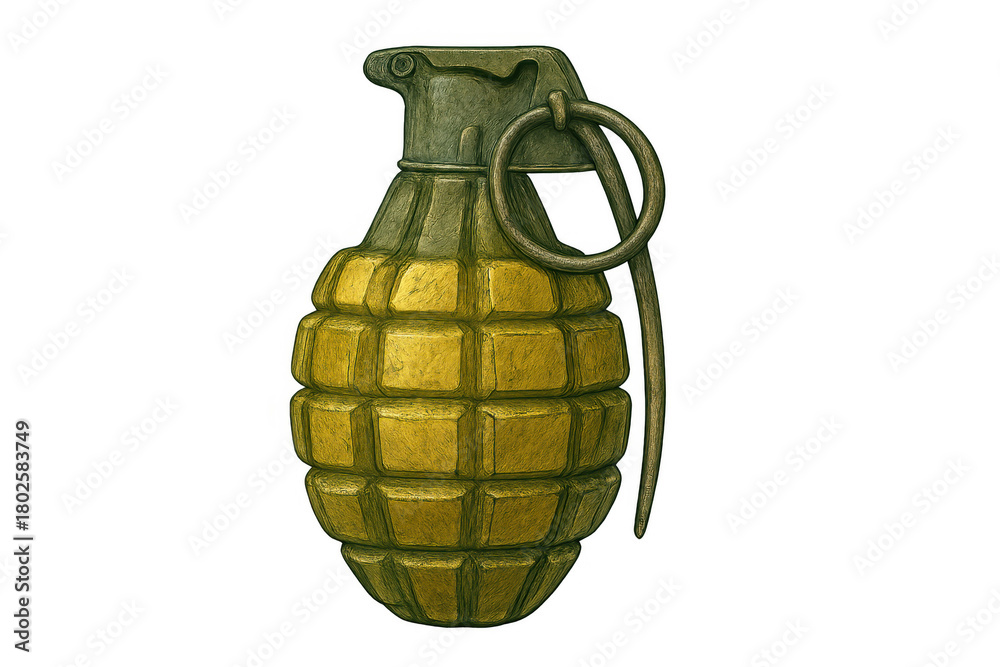 Fototapeta premium Military fragmentation grenade with a pin, an explosive weapon asset for gaming or war concepts. Transparent background