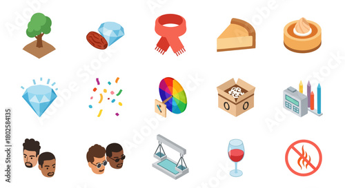 Diverse isometric icons: food, fashion, art, and more in vibrant colors