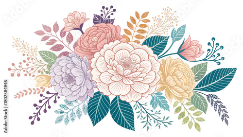 Elegant floral arrangement for weddings and invitations, featuring pastel roses and delicate leaves, perfect for a touch of romance and sophisticated design