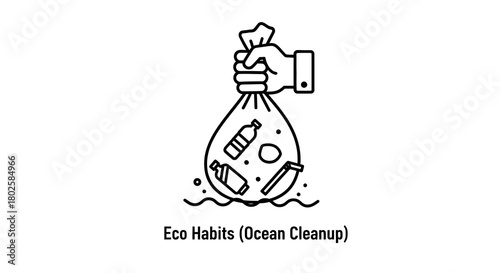 Hand holding bag of ocean trash in linear style for eco-friendly environmental awareness