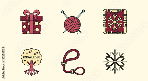 Colorful flat icons: gift, knitting, circuit, knowledge, dog leash, snowflake