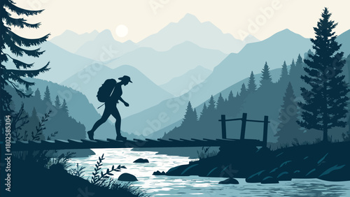 Adventurous hiker crossing rustic bridge in majestic mountain landscape, inspiring exploration and tranquility, perfect for outdoor adventure and travel themes