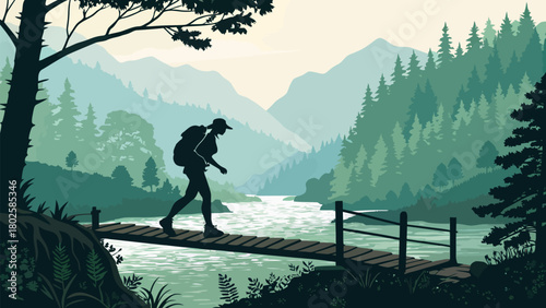 Escape into Nature with this Stunning Hiker Silhouette Crossing a Bridge, Perfect for Adventure Travel and Outdoor Enthusiast Content, Originally a Vector Graphic