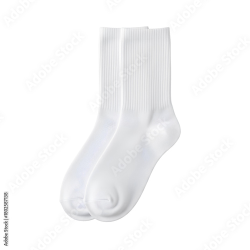 White Crew Socks Pair PNG. Isolated pair of classic white crew socks, perfect for everyday wear, sportswear, and clean apparel visuals