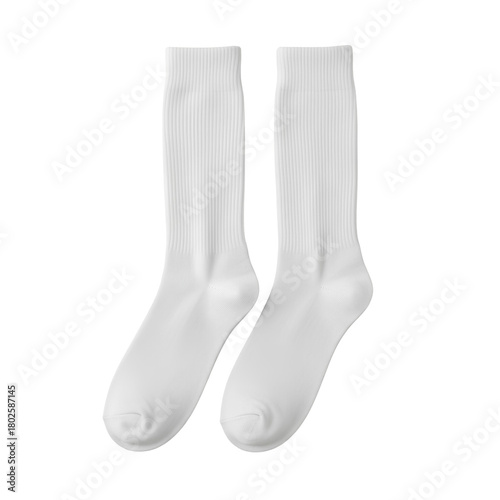White Crew Socks Angled Flat Lay PNG. Isolated pair of fresh white crew socks at an angle, suitable for fashion, sports, and product photography
